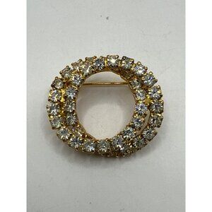 Vintage Gold-Tone Rhinestone Circle Brooch Pin Double Row Sparkling Costume Jewe